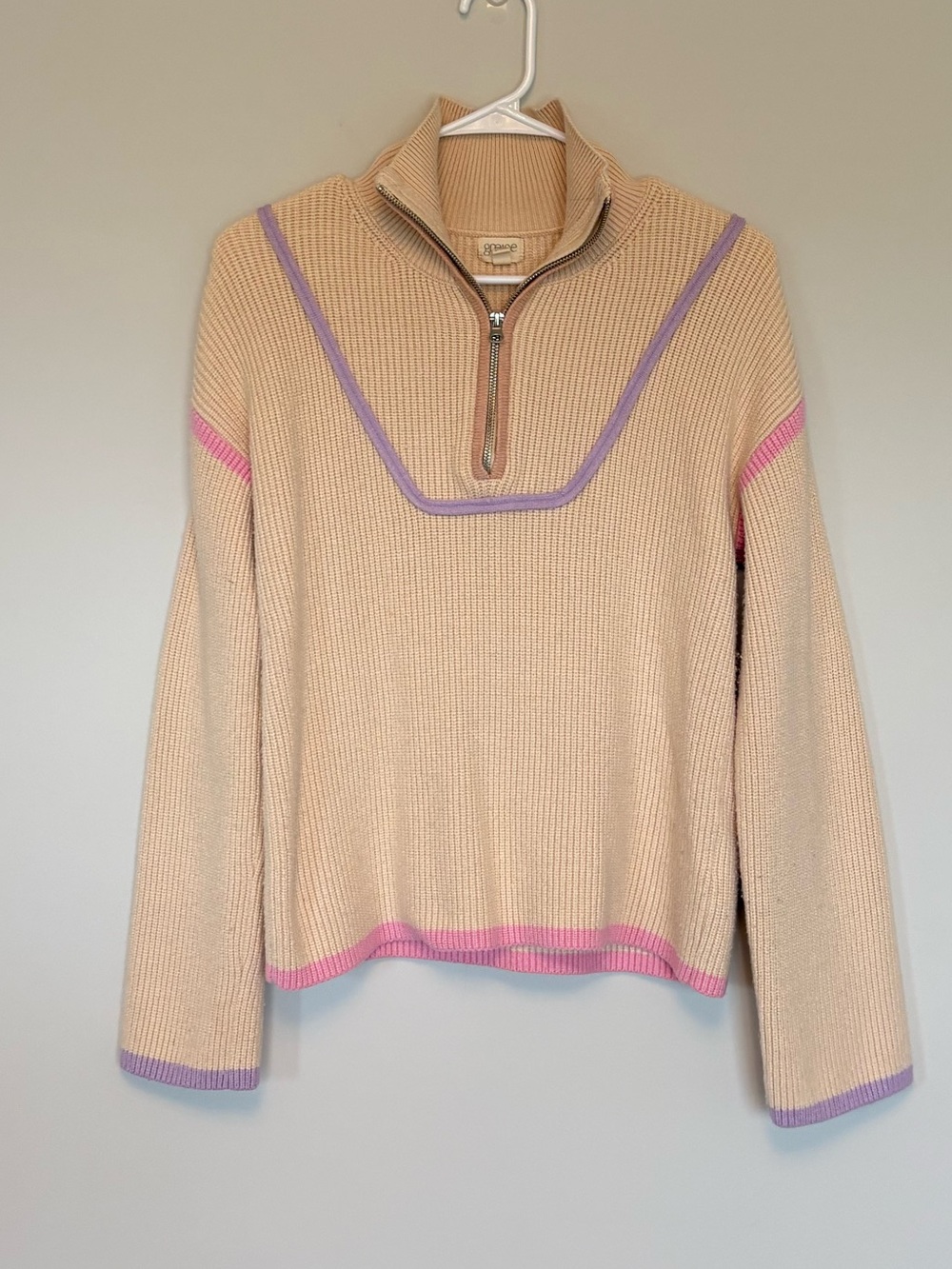 Greige Pastel Knit Pullover Sweater Medium Cream Pink Purple Color Block 1/4 Zip